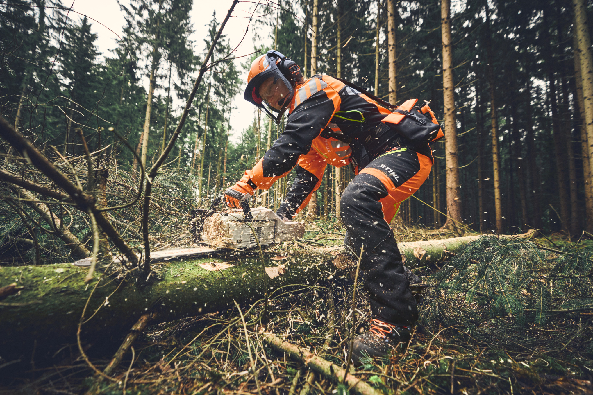 Travailleur forestier ébranchant avec la tronçonneuse à batterie STIHL MSA 300 et un EPI complet pour travaux forestiers 
