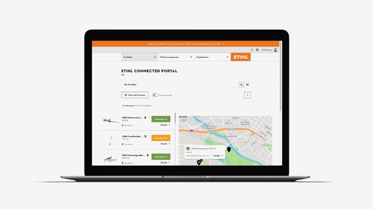 STIHL connected Portal Produktübersicht inkl. Karte