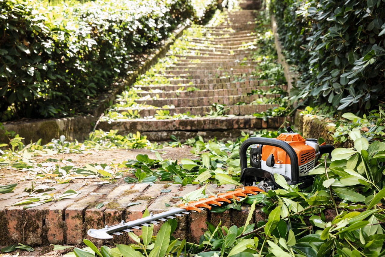 STIHL Benzin-Heckenschere HS 82 T liegt vor der Wartung zwischen grünen Blättern auf einer Treppe