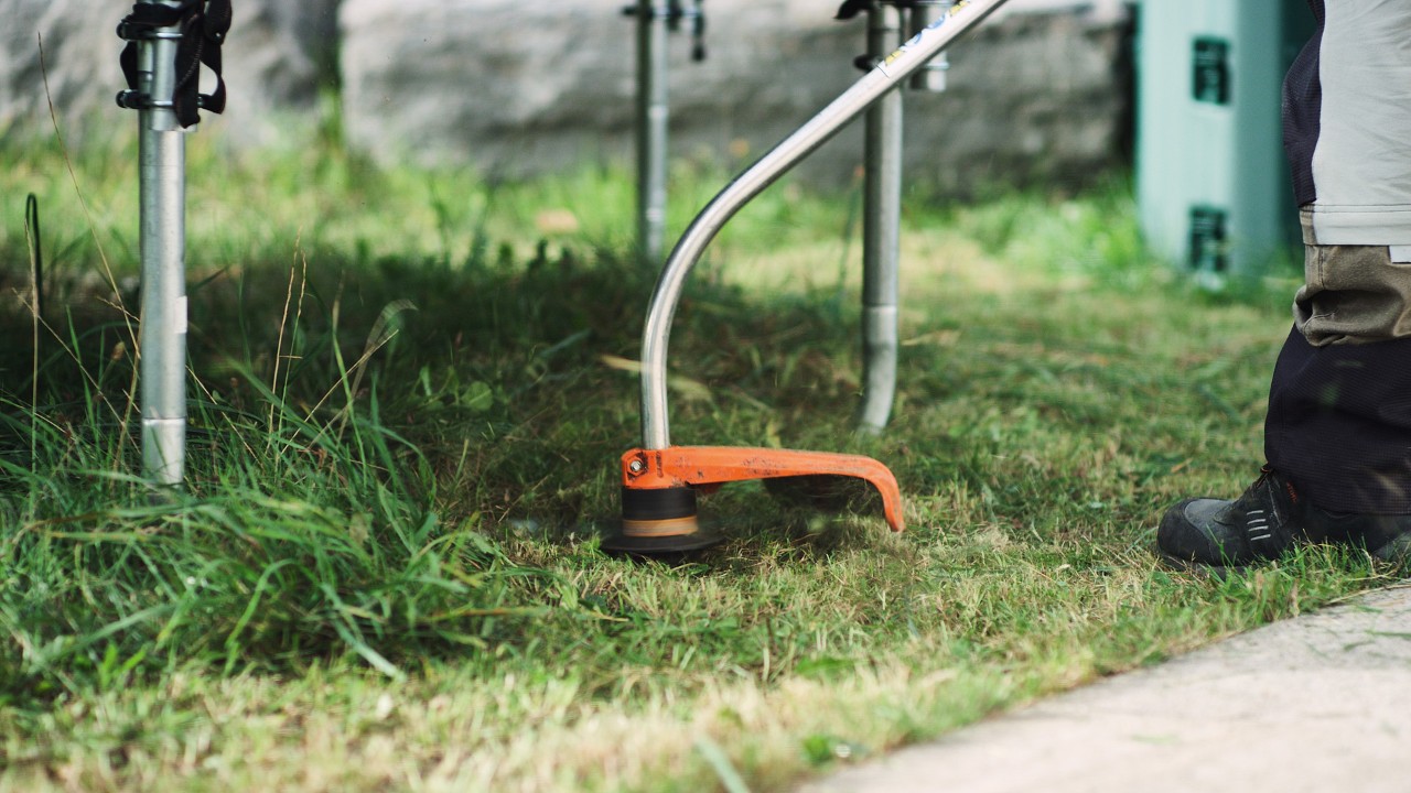 Mit der Benzin-Motorsense STIHL FS 38 werden Rasenkanten getrimmt