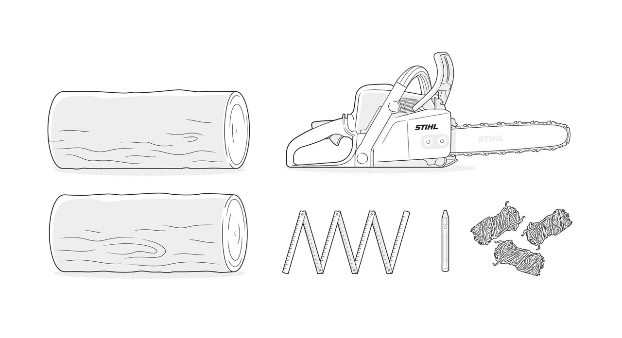 Material-Illustration: Holz, STIHL Motorsäge, Zollstock, Stift, Grillanzünder