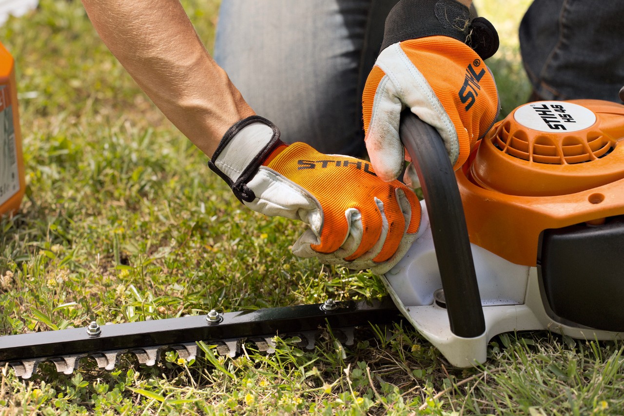 Gros plan d’un taille-haie STIHL HS 46 nettoyé avec un chiffon