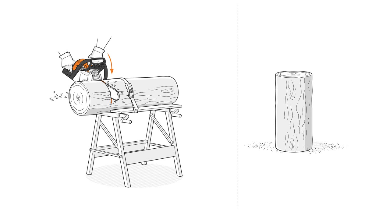 Illustration: La bûche fixe est coupée à longueur avec une tronçonneuse STIHL