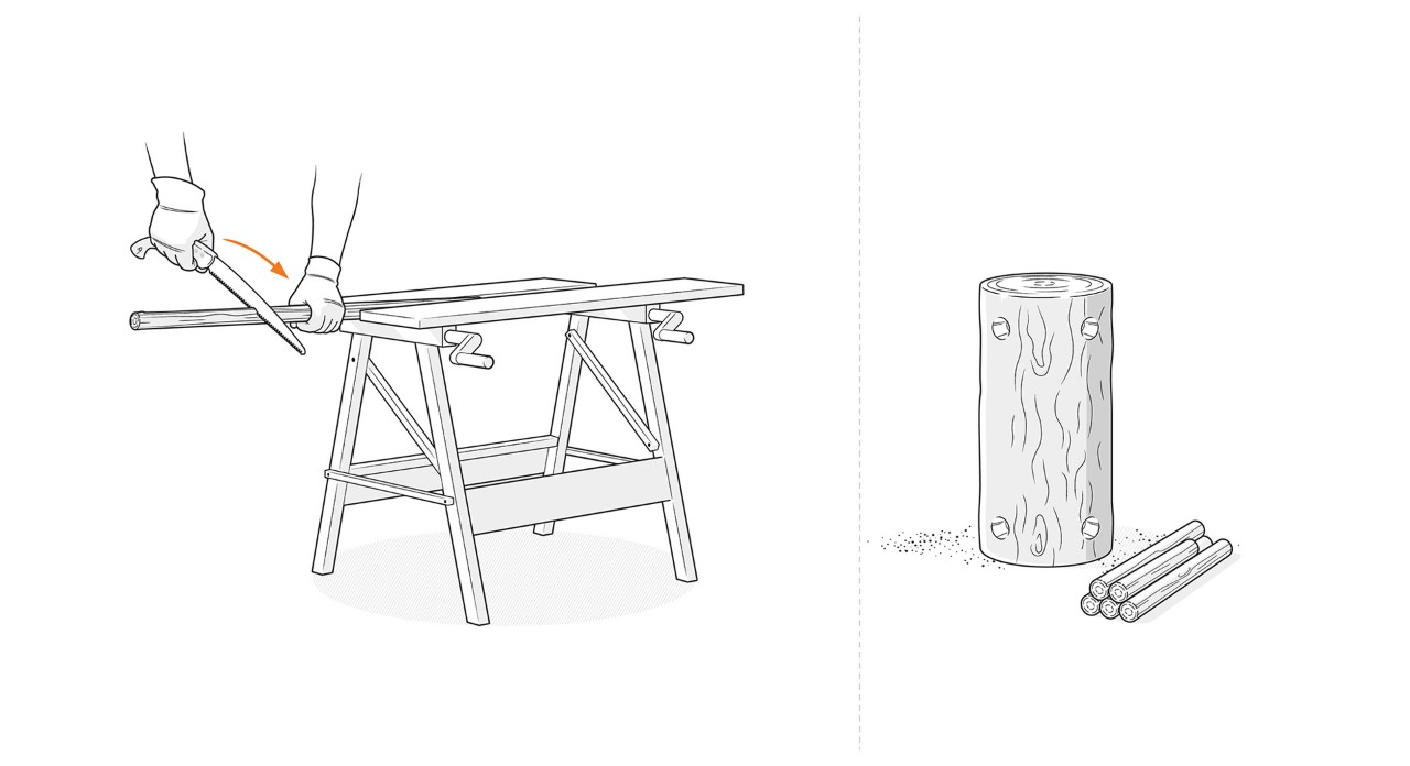 Illustration: Les branches des jambes et du cou sont coupées à la longueur souhaitée avec une scie à branches