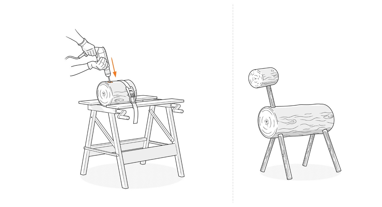 Illustration: Des trous pour le cou et les bois sont percés dans la pièce fixe du tronc