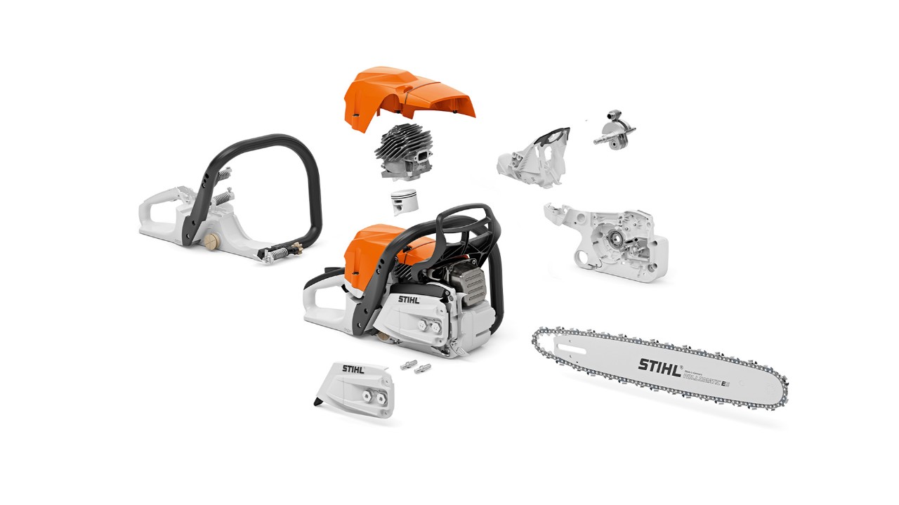 Illustration des différents composants de la tronçonneuse thermique STIHL MS 400 C-M, y compris un piston en magnésium