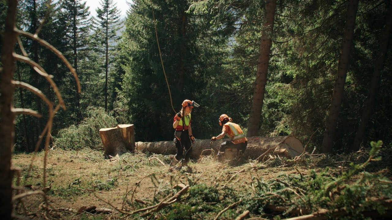 Bigna et un membre de son équipe d’exploitation forestière en équipement de protection lors de travaux forestiers, avec tronçonneuse et corde de travail à côté d’un arbre abattu, Real People, STIHL People
