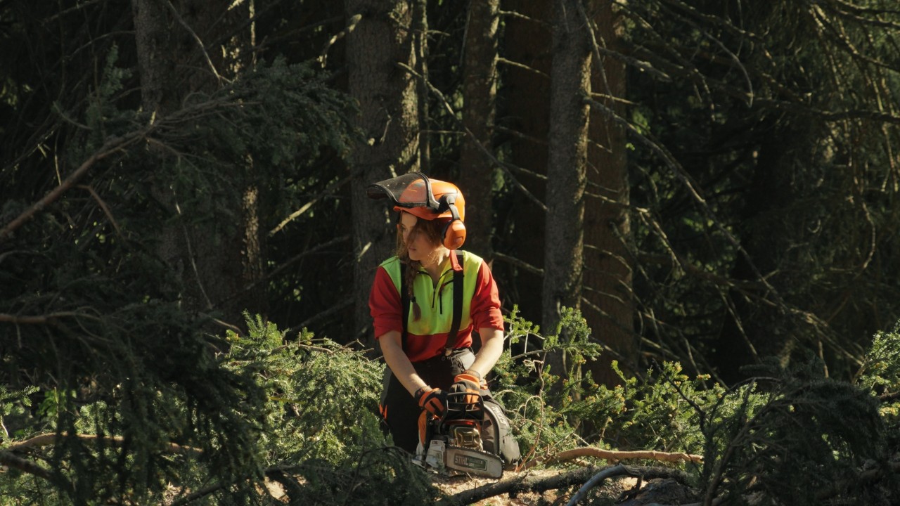 Bigna scie un tronc d’arbre avec une tronçonneuse STIHL. Real People. STIHL People.