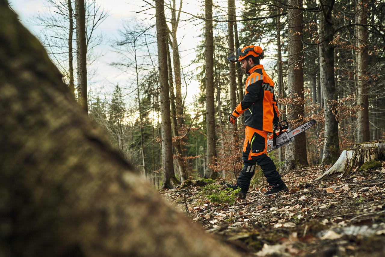Lavoratore del legno con STIHL ADVANCE-FlexTEC-ShellTEC mentre lavora nel bosco