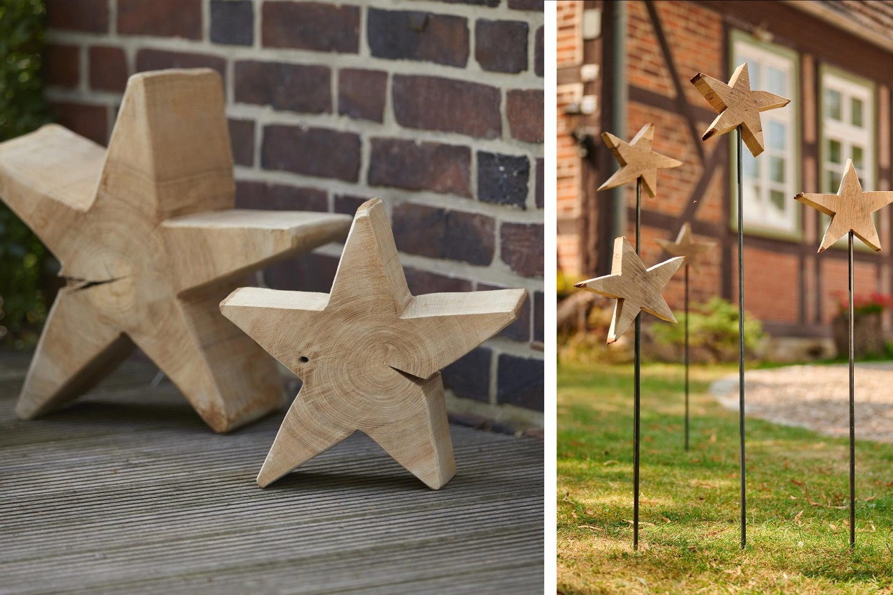 Collage: stelle di legno fai da te davanti a un muro di mattoni e stelle su un palo davanti a una casa