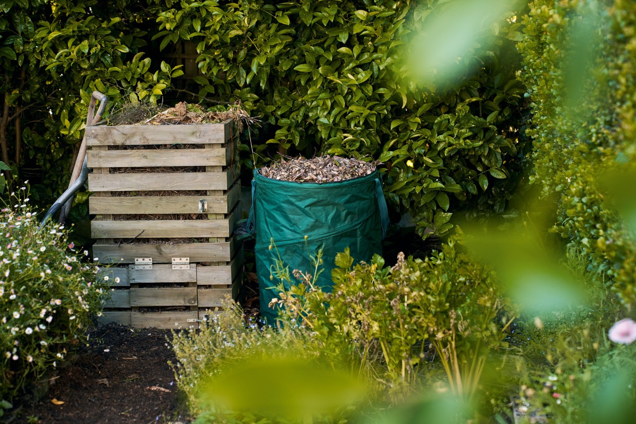 Compost di trucioli di legno accanto a un sacco di foglie all'interno di un giardino