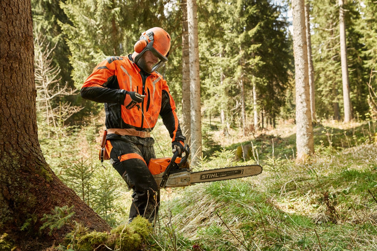 Lavoratori forestali muniti di dispositivi di protezione che avviano una motosega in un bosco