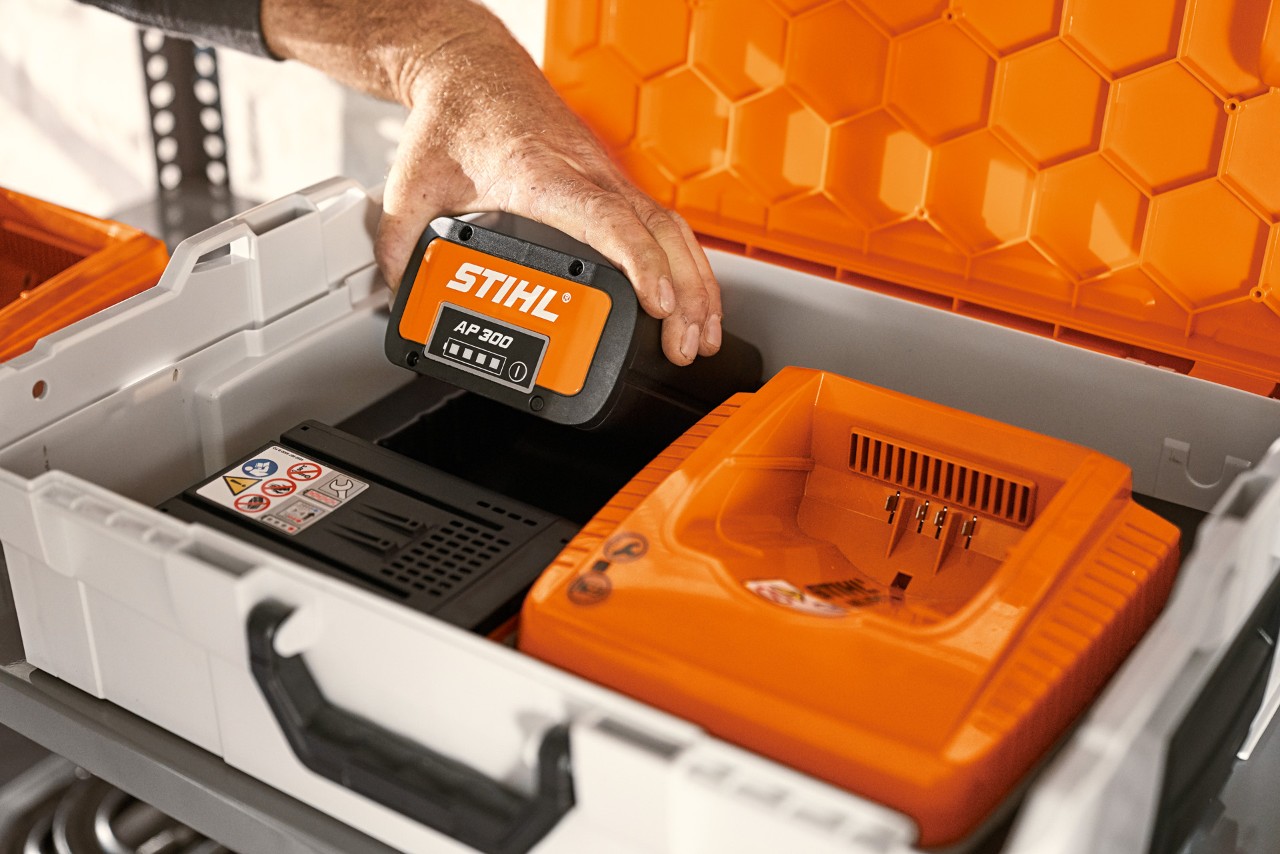 Scatola STIHL con batteria agli ioni di litio e caricabatterie