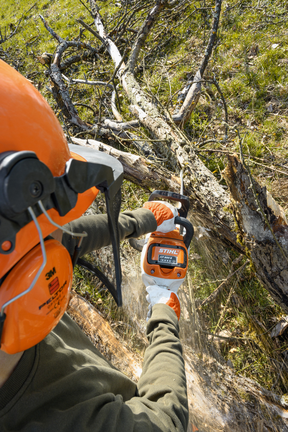 Utilizzo della motosega senza fili STIHL MSA 220 C-B su un tronco d'albero con rami